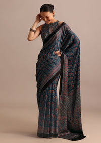 Indigo Satin Modal Saree With Handblock Prints