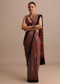 Red Modal Satin Ajrakh Handblock Printed Saree