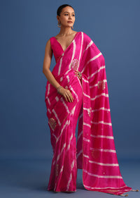 Rani Pink Hand Dyed Lehriya Silk Saree With Gota Patti Work