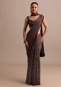 Black And Red Modal Satin Ajrakh Handblock Printed Saree