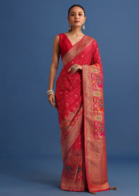 Red Banarasi Bandhani Satin Saree With Traditional Brocade Motifs On Border