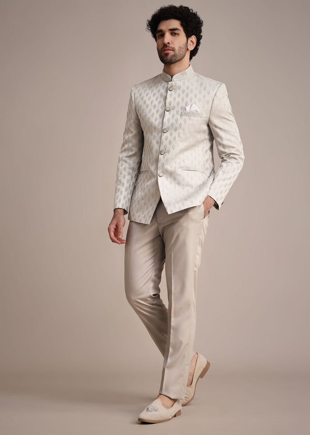 Silver Jodhpuri Suit With Mandarin Collar