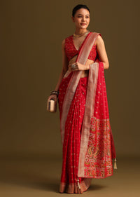 Dola Silk Red Bandhani Saree With Meenakari Border Pallu And Unstitched Blouse