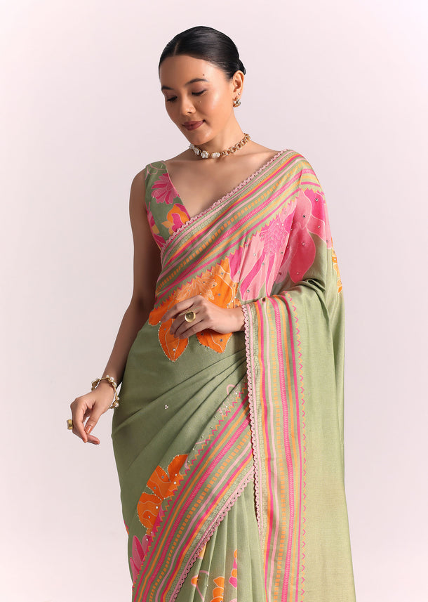 Green Floral Print Saree with Mirror Work