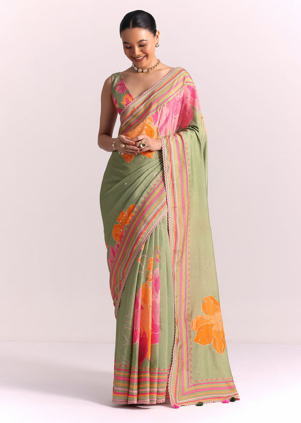 Green Floral Print Saree with Mirror Work