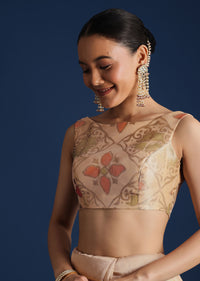 Beige Tissue Chanderi Floral Print Saree with Zardosi Work