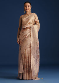 Beige Tissue Chanderi Floral Print Saree with Zardosi Work