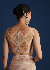 Beige Tissue Chanderi Floral Print Saree with Zardosi Work