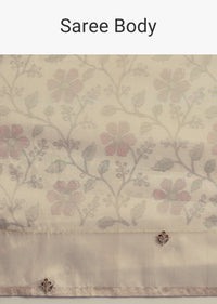Beige Tissue Chanderi Floral Print Saree with Zardosi Work
