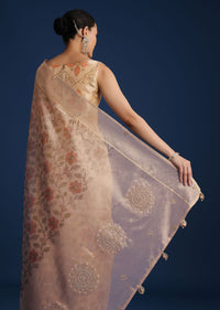 Beige Tissue Chanderi Floral Print Saree with Zardosi Work