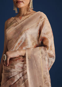 Beige Tissue Chanderi Floral Print Saree with Zardosi Work