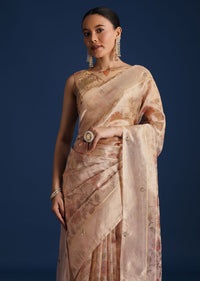Beige Tissue Chanderi Floral Print Saree with Zardosi Work