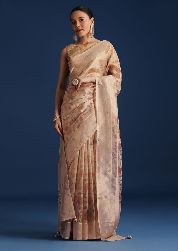 Beige Tissue Chanderi Floral Print Saree with Zardosi Work