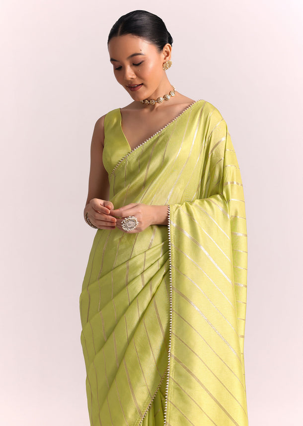 Parrot Green Dola Silk Embroidered Saree With Gotta Patti Border
