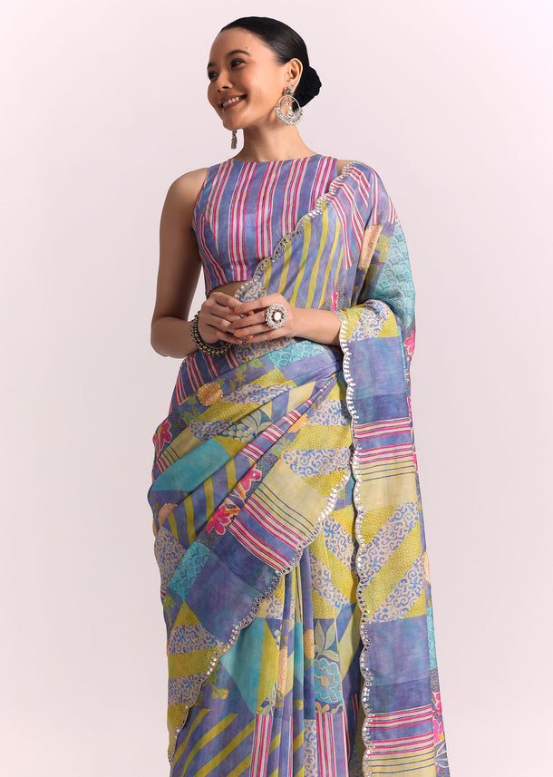 Blue Shaded Printed Saree with Mirror Work Border
