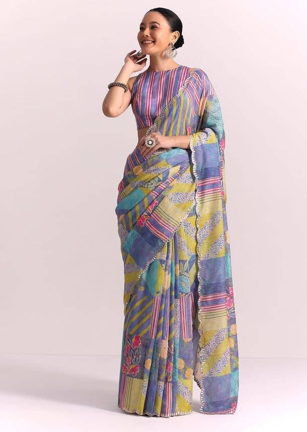 Blue Shaded Printed Saree with Mirror Work Border