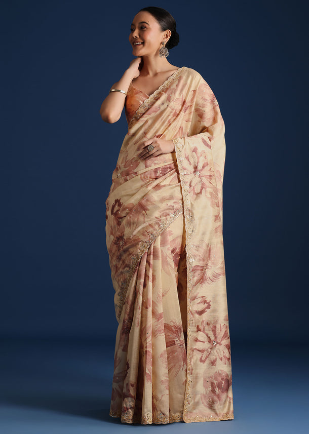 Peach Tussar Silk Floral Printed Saree With Mirror Embroidery