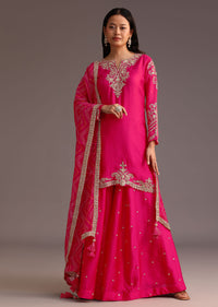 Pink Zari Work Palazzo Set With Organza Dupatta