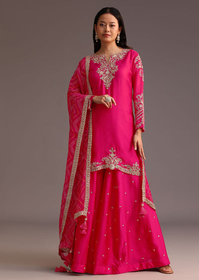 Pink Zari Work Palazzo Set With Organza Dupatta