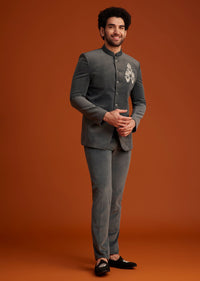 Grey Bandhgala With Embroidered Crest