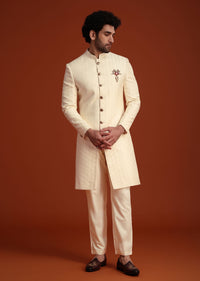 Beige Silk Threadwork Sherwani With Dhagai Work