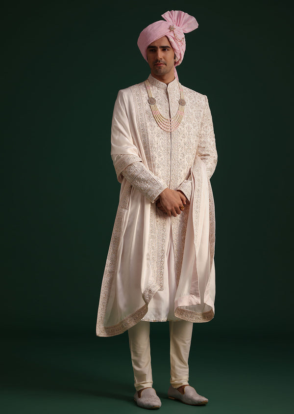 Pink Silk Threadwork Sherwani Set With Anarkali Kurta