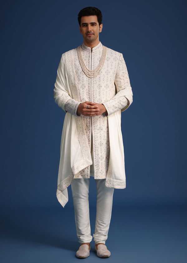 Off White Lucknowi Sherwani Set With Sequin Work