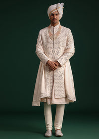 Peach Silk Zari Embroidered Sherwani Suit With Mala And Dupatta