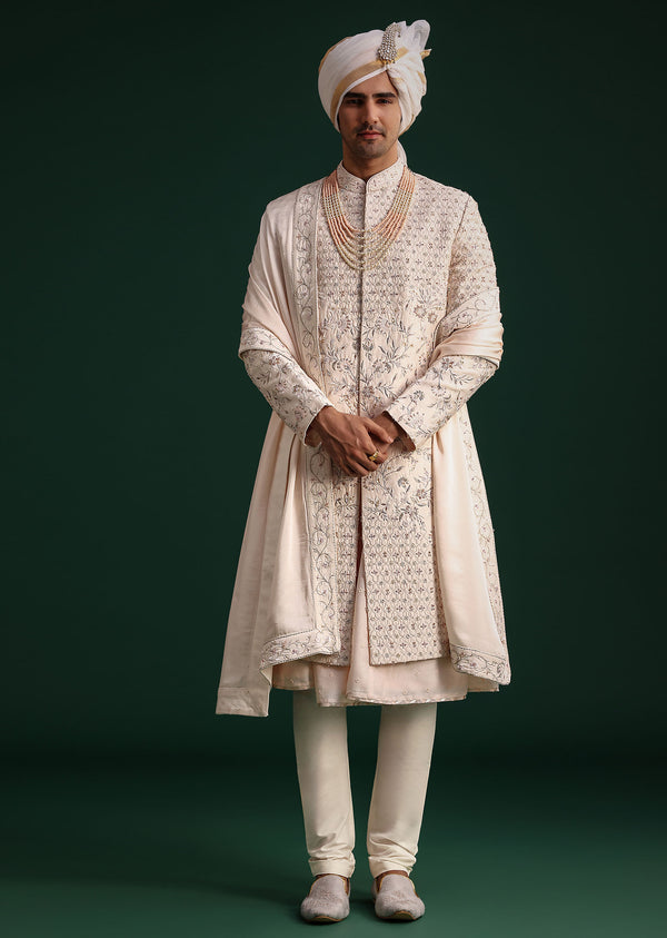 Peach Silk Zari Embroidered Sherwani Suit With Mala And Dupatta