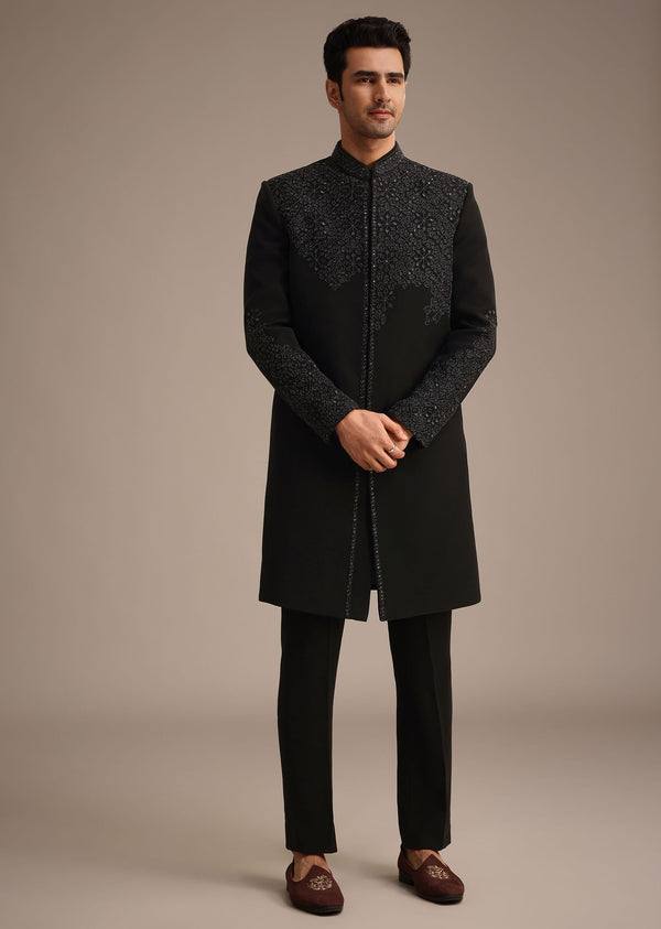 Black Embroidered Indowestern Set With Cutdana Work
