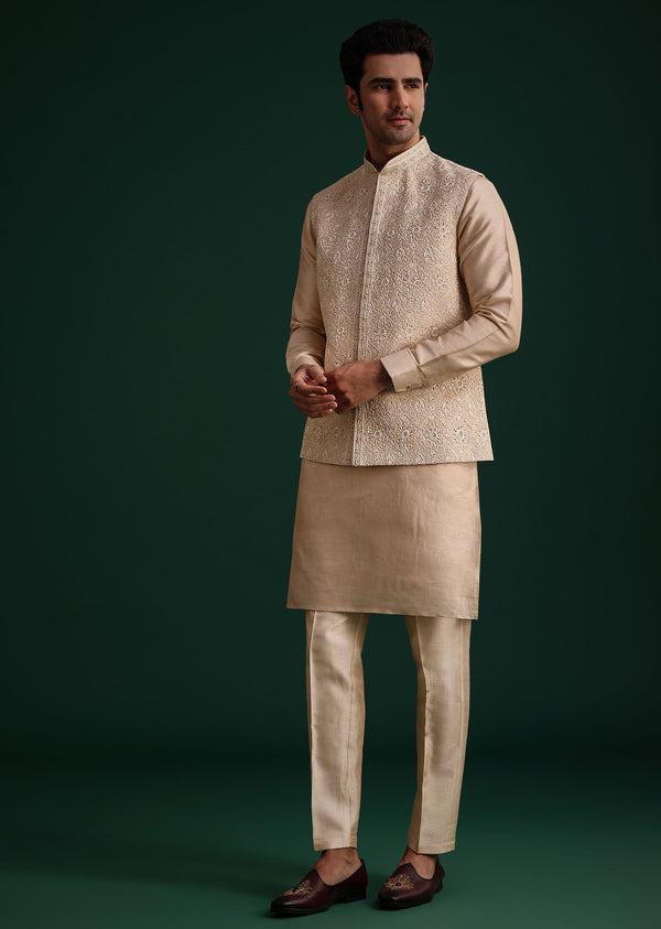 Beige Silk Kurta Set With Threadwork Jacket