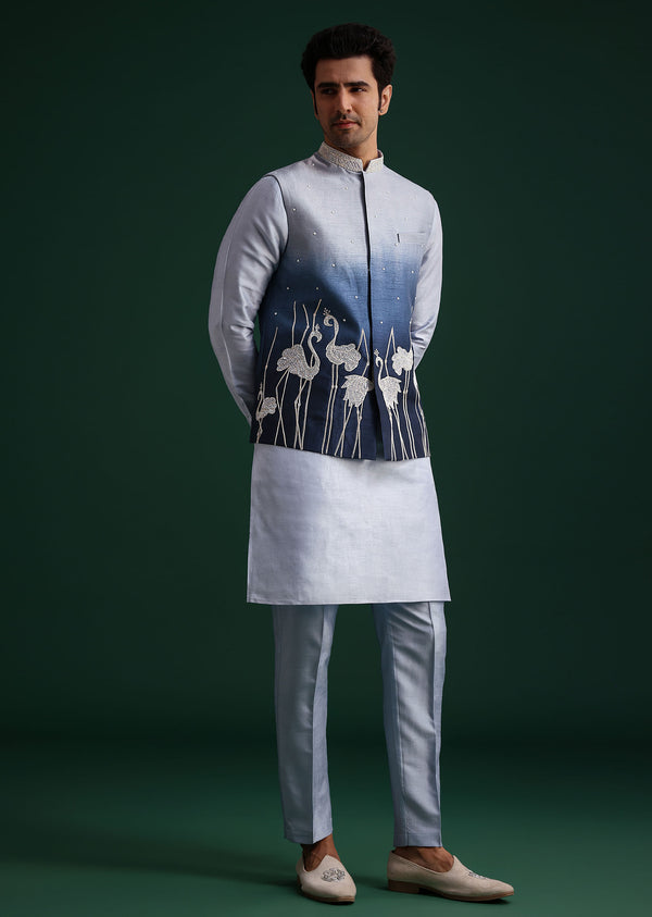 Blue Ombre Zardosi Work Jacket Set With Flamingo Motifs