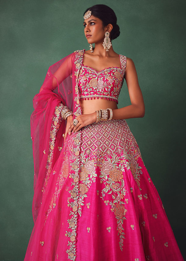 Fuschia Pink Raw Silk Multi Colour Threadwork Lehenga Dupatta With Embroidered Blouse