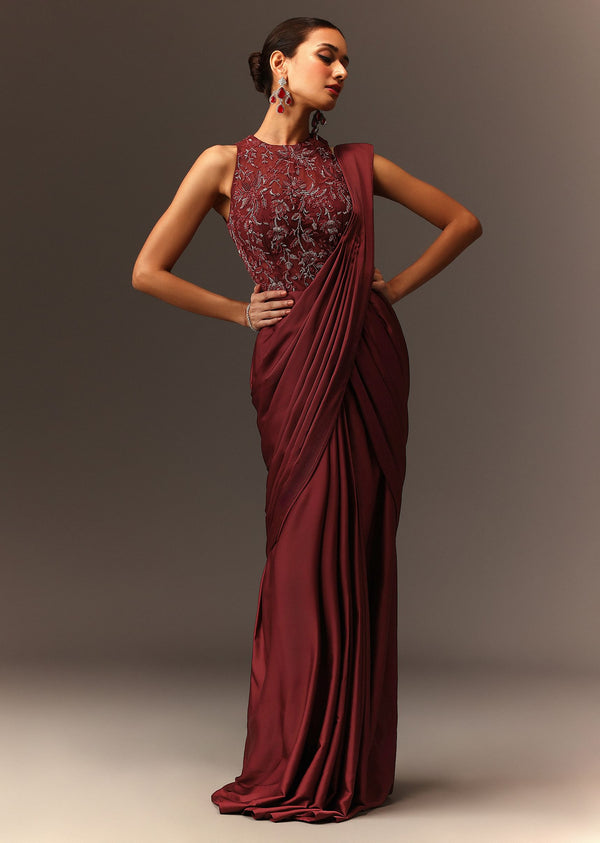 Masala Maroon Net Satin Draped Saree With Hand Embroidered Blouse