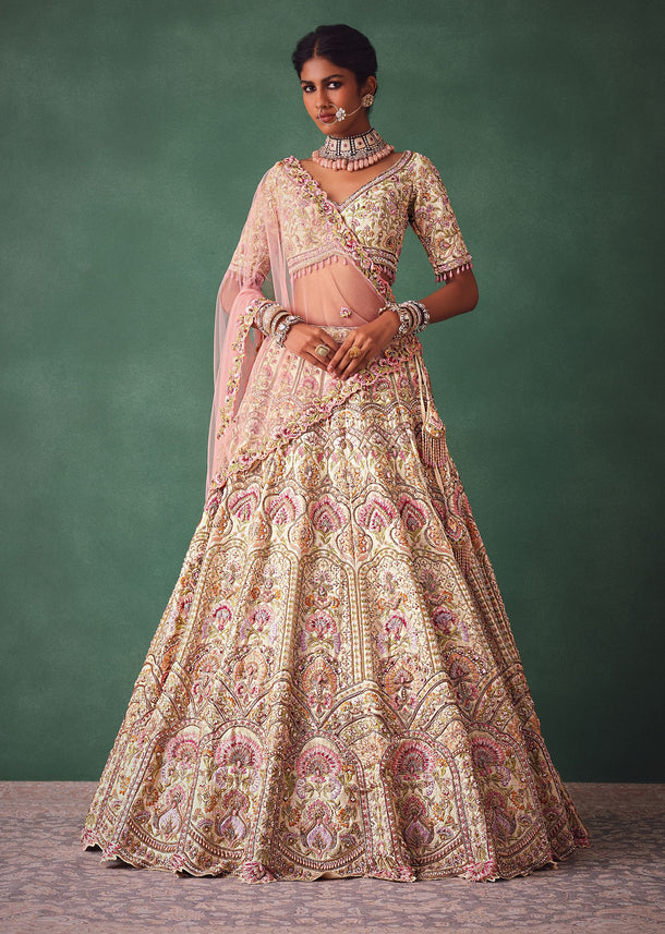 Off White Bridal Lehenga Blouse And Dupatta With Multi Colour Thread Work