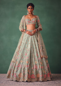 Sage Green Kali Lehenga With Embroidered Blouse And Dupatta