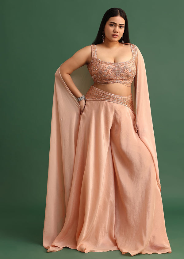 Embroidered Peach Fusion Suit With Dupatta And Flared Pants