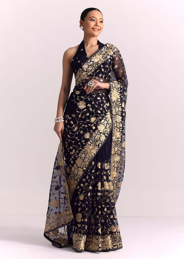 Blue Organza Parsi Gara Embroidered Saree