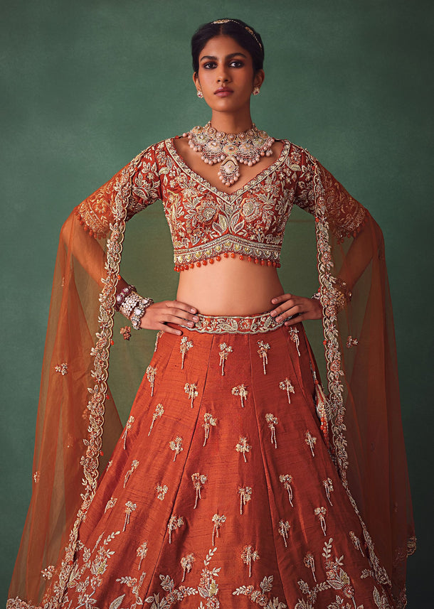 Rust Raw Silk Bridal Kali Lehenga With Embroidered Blouse And Dupatta