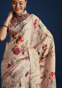 Off White Tissue Muslin Printed Saree With Pitta Work