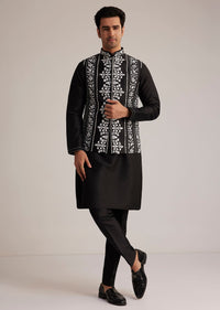 Black Cotton Silk Embroidered Jacket Kurta Set