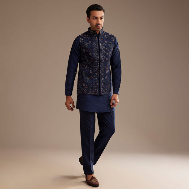 Navy Blue Kurta Jacket Set With Resham And Mirror Work