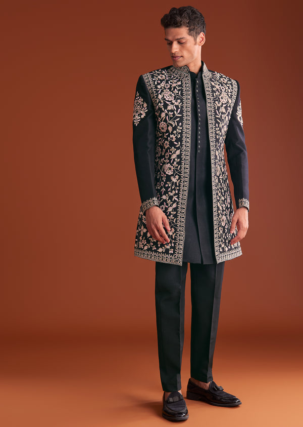 Black Cotton Silk Sherwani Suit With Floral Embroidery
