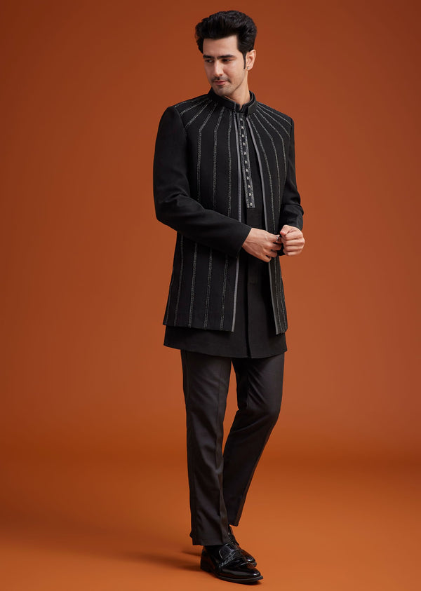 Black Open Sherwani Set with Linear Bead and Sequin Detailing
