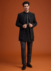 Black Open Sherwani Set with Linear Bead and Sequin Detailing