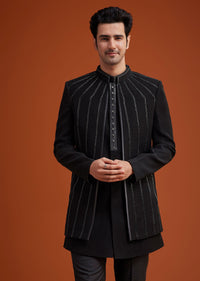 Black Open Sherwani Set with Linear Bead and Sequin Detailing