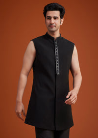 Black Open Sherwani Set with Linear Bead and Sequin Detailing