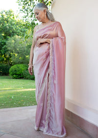 Pink Tissue Silk Embroidered Saree With Embellished Scallop Border