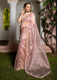 Pink Tissue Silk Cutdana Work Saree With Embellished Scallop Border