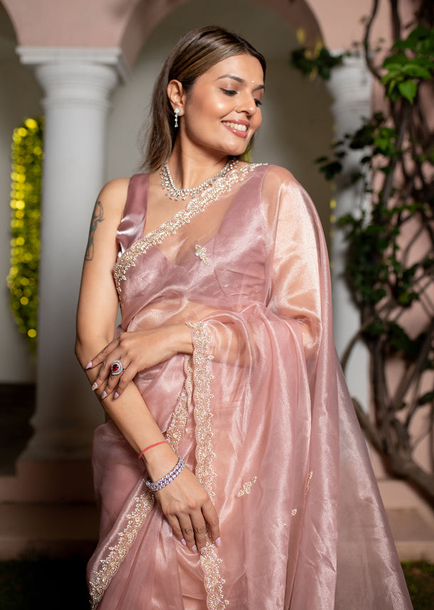 Pink Tissue Silk Cutdana Work Saree With Embellished Scallop Border